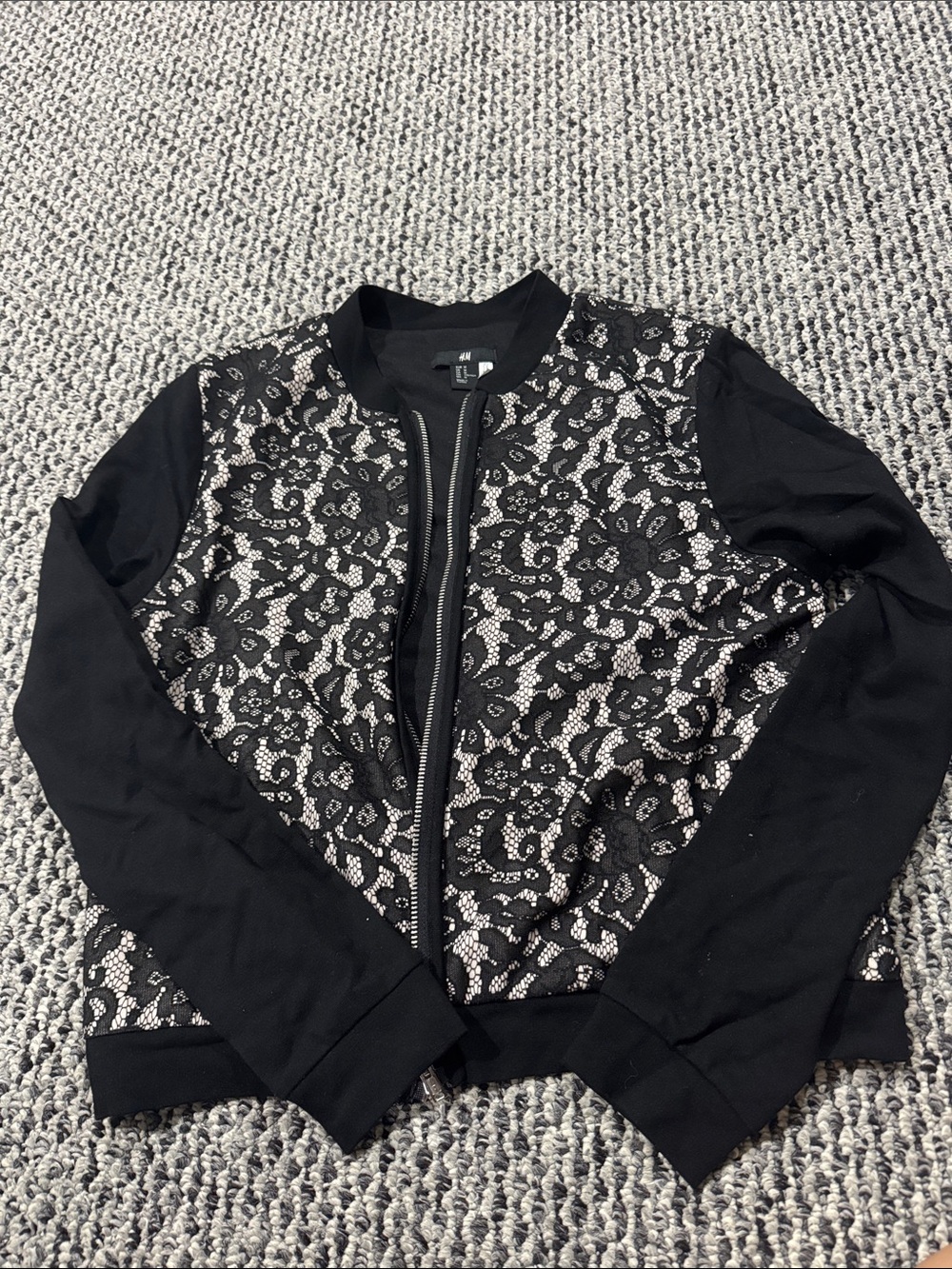 H&M Black Lace-Overlay Bomber Jacket with Cream Underlay